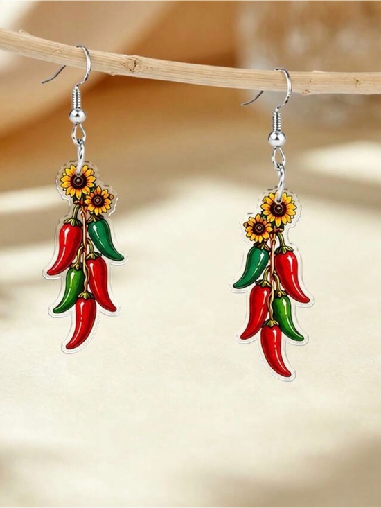 Jewelry - Red & Green Chili Pepper Sunflower Dangle Earrings - Women Jewelry